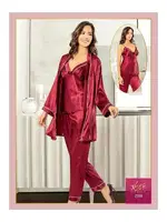 İnce Askılı Saten 3Lü Bordo Sabahlık Pijama Çeyiz Seti XSES 2101 Bordo