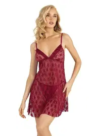 Ahu Lingerie İp Askılı Bordo Kısa Tül Gecelik Ahu Primoda 4220