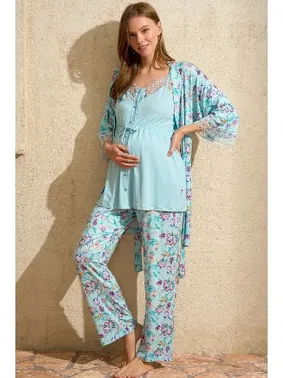 Anıl Çiçek Desenli İp Askılı V Yaka Dantel Detaylı Hamile Pijama Takımı Sabahlık Anıl 5775