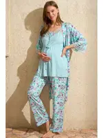 Çiçek Desenli İp Askılı V Yaka Dantel Detaylı Hamile Pijama Takımı Sabahlık Anıl 5775 Mavi