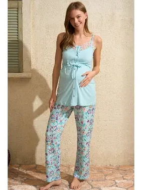 Anıl Çiçek Desenli İp Askılı V Yaka Dantel Detaylı Hamile Pijama Takımı Sabahlık Anıl 5775 - Alternatif Görünüm