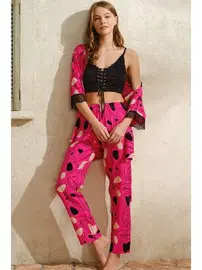 Anıl İp Askılı V Yaka Çiçek Desenli Pijama Sabahlık Takım Anıl 5756