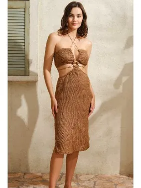 Anıl İp Askılı V Yaka Düz Yazlık Uzun Boncuklu Elbise Anıl 5752