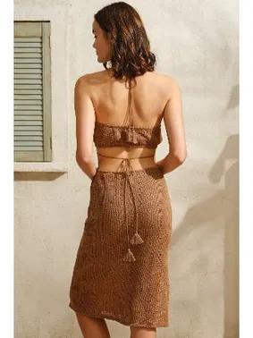 Anıl İp Askılı V Yaka Düz Yazlık Uzun Boncuklu Elbise Anıl 5752 - Alternatif Görünüm