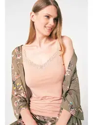 Anıl İp Askılı V Yaka Viskon Çiçek Desenli Dantelli Pijama Takımı Sabahlık Anıl 5792