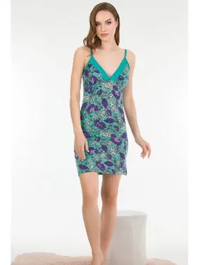 Lady İp Askılı Yeşil Pamuklu Çiçekli Lady Gecelik 6167