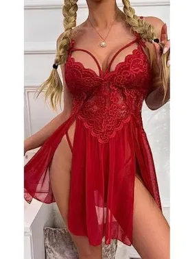 Ruselin İpli Dantelli Tül Kırmızı Seksi Fantezi Gecelik Ruselin 2105