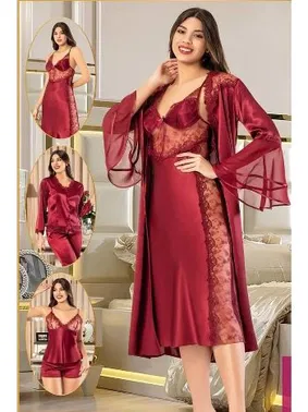 XSES İspanyol Kol Transparan Dantelli Saten 6Lı Bordo Gelin Çeyiz Seti XSES 1005