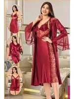 İspanyol Kol Transparan Dantelli Saten 6Lı Bordo Gelin Çeyiz Seti XSES 1005 Bordo