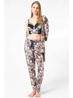 Anıl Kadife Çiçek Desenli Sabahlık Balenli Destekli Dolgulu Yaka Detaylı Dantelli Büstiyer Sütyen ve Pantolon Pijama 3'lü Takım Anıl 5684