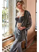 Dantelli Sabahlık Kadife Balenli Destekli Dolgulu Yaka Detaylı Fermuarlı Büstiyer Sütyen ve Pantolon Pijama 3'lü Takım Anıl 5697