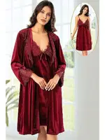 Güpürlü Kadife Sabahlık Gecelik Takımı Bordo XSES 5120 Bordo