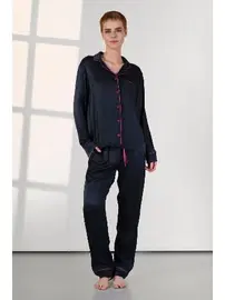 Doreanse Kadife Viskon Lacivert Gömlek Yaka Kadın Pijama Takımı Doreanse 25K4037