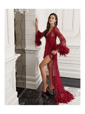 İmaj Kolları Tüylü 2li Fantezi Asimetrik Kesim Saten Gecelik Takımı İmaj 3203