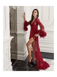 İmaj Kolları Tüylü 2li Fantezi Asimetrik Kesim Saten Gecelik Takımı İmaj 3203