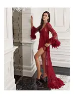 Kolları Tüylü 2li Fantezi Asimetrik Kesim Saten Gecelik Takımı İmaj 3203 Bordo