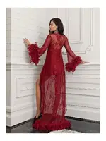 Kolları Tüylü 2li Fantezi Asimetrik Kesim Saten Gecelik Takımı İmaj 3203 Bordo farklı açı