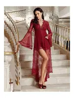 Kuyruklu 2li Tül Fantazi Katlı İspanyol Kollu Gecelik Takımı İmaj 4208 Bordo