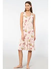 Türen Düğmeli Askılı Desenli Midi Boy Kadın Gecelik Türen 3386