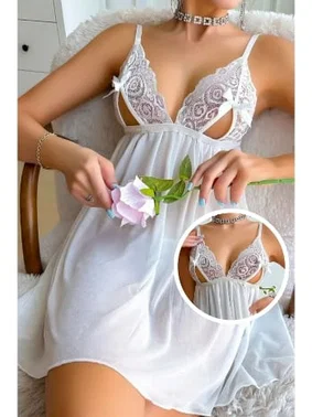 Ruselin Kadın Beyaz Göğüs Dekolteli Transparan Seksi Tül Gecelik Ruselin 2089 - Alternatif Görünüm