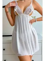 Kadın Beyaz Göğüs Dekolteli Transparan Seksi Tül Gecelik Ruselin 2089 Beyaz