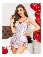 Kadın Beyaz Kalp Desenli Fantezi Saten Mini Gecelik NightLight 3658 Pembe