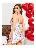 Kadın Beyaz Kalp Desenli Fantezi Saten Mini Gecelik NightLight 3658 Pembe farklı açı