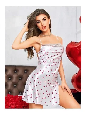 NightLight Kadın Beyaz Kalpli Fantezi Saten Mini Gecelik NightLight 3657