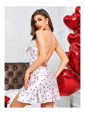 NightLight Kadın Beyaz Kalpli Fantezi Saten Mini Gecelik NightLight 3657 - Alternatif Görünüm