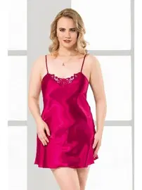 Ahu Lingerie Kadın Büyük Beden Vişne Kısa Saten Gecelik Ahu Primoda 2022