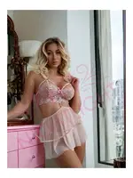 Kadın Çiçek Desenli Brode Fantezi Gecelik Pembe NightLight 1074 Pembe