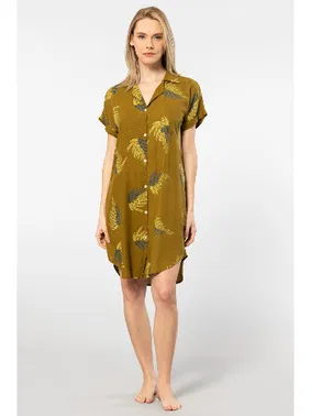 Türen Dokuma Kısa Kollu Düğmeli Yaprak Desenli Elbise Türen 3601