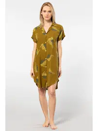 Türen Dokuma Kısa Kollu Düğmeli Yaprak Desenli Elbise Türen 3601