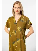 Dokuma Kısa Kollu Düğmeli Yaprak Desenli Elbise Türen 3601 Haki detay görünüm