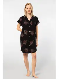 Türen Yaprak Desenli Dokuma Düğmeli Kadın Elbise Türen 3601