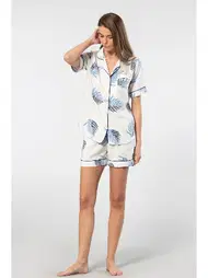 Türen Gömlek Yaka Desenli Dokuma Kadın Şort Pijama Takımı Türen 3605