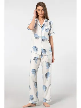 Türen Yaprak Desenli Kısa Kollu Dokuma Pijama Takımı Türen 3604