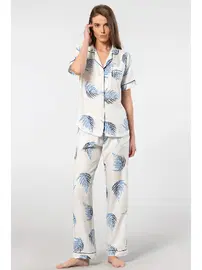 Türen Yaprak Desenli Kısa Kollu Dokuma Pijama Takımı Türen 3604