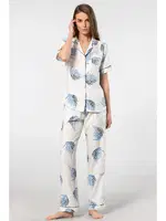 Yaprak Desenli Kısa Kollu Dokuma Pijama Takımı Türen 3604 Ekru
