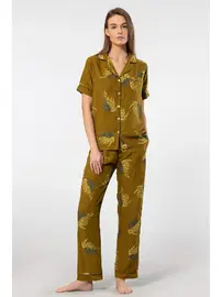 Türen Cepli Kısa Kollu Dokuma Yaprak Desenli Pijama Takımı Türen 3604