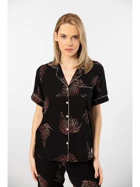 Türen Gömlek Yaka Yaprak Desenli Kısa Kollu Dokuma Pijama Takımı Türen 3604/Siyah