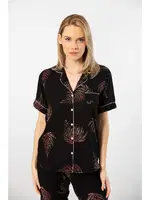 Gömlek Yaka Yaprak Desenli Kısa Kollu Dokuma Pijama Takımı Türen 3604/Siyah