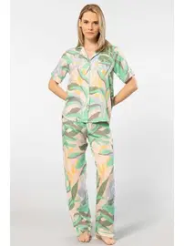 Türen Kadın Desenli Kısa Kol Dokuma Pijama Takımı Türen 3604/Yeşil
