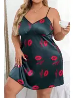 Kadın Dudak Desenli Büyük Beden Fantezi Gecelik NightLight 3653 Yeşil detay görünüm