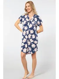 Türen Lacivert Düğmeli Gömlek Yaka Kadın Gecelik Türen 3607