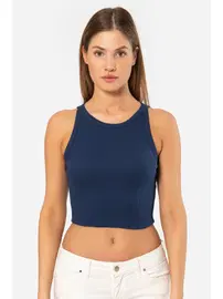 Türen Lacivert Kadın Fitilli Crop T-shirt Türen 3404