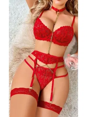 Ruselin Kadın Kırmızı Dantel Ve Zincir Detaylı Jartiyer Takım Ruselin 2056