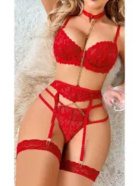Ruselin Kadın Kırmızı Dantel Ve Zincir Detaylı Jartiyer Takım Ruselin 2056