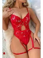 Kadın Kırmızı Transparan Çiçek Desenli Fantezi Babydoll For Dreams 8413 Kırmızı detay görünüm