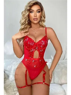 For Dreams Kadın Kırmızı Transparan Çiçek Desenli Fantezi Babydoll For Dreams 8413